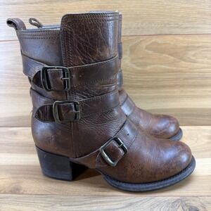 FRYE Veronica Buckles Short Boots 7.5 Brown Leather Zipper Stacked Heel Strappy